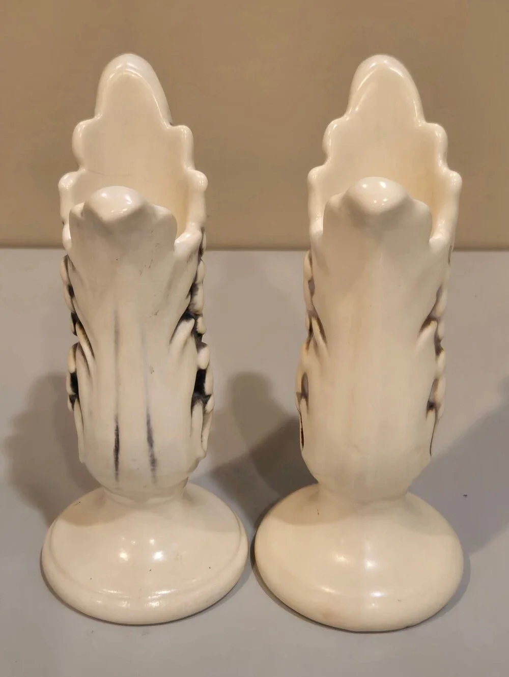 Pair of Decorative Red Wing Pottery White Ceramic Bud Vases with Black Accents